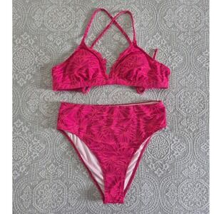 CUPSHE Pink Floral Textured High Waisted Scalloped Bikini Set DAA12C4D009EE L